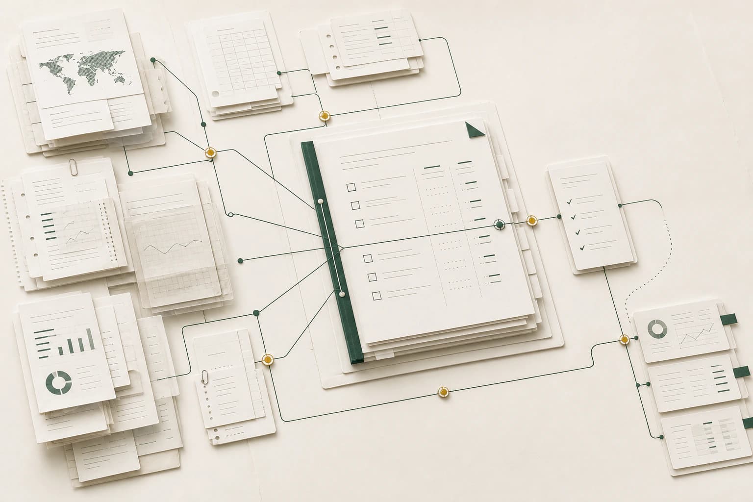 A paper-based investor research workflow with source documents connected to a structured review sheet.