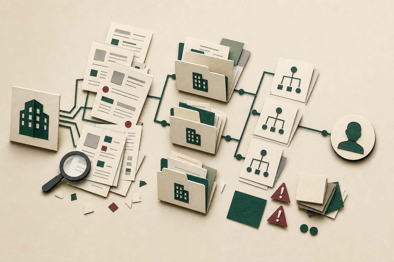 A paper-relief illustration of one competitor leading through scattered company records, holding-company folders and ownership diagrams to a natural person.