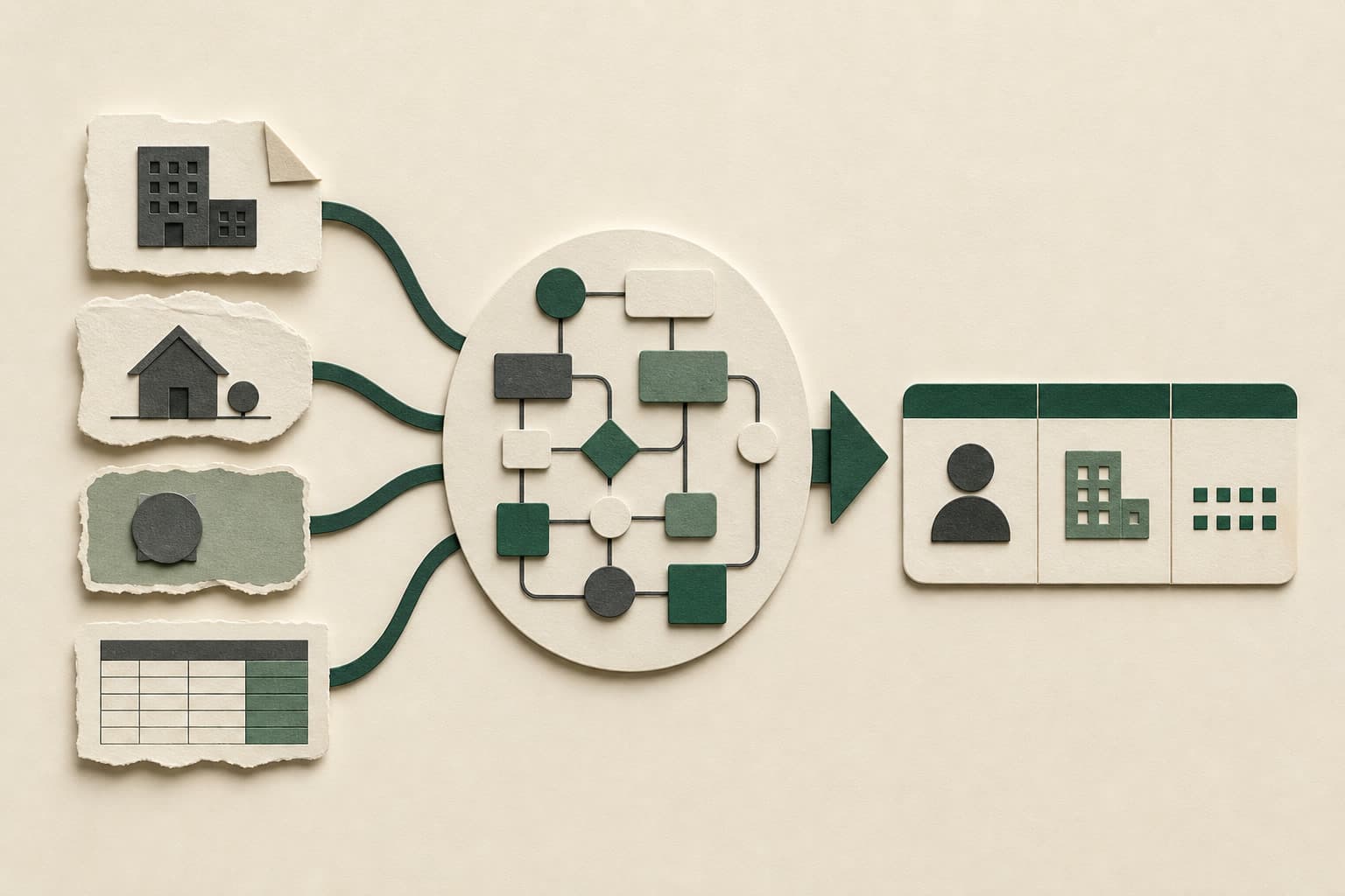 A paper-relief process map where company, address, person and spreadsheet inputs converge into a clean owner, company and identifier record.