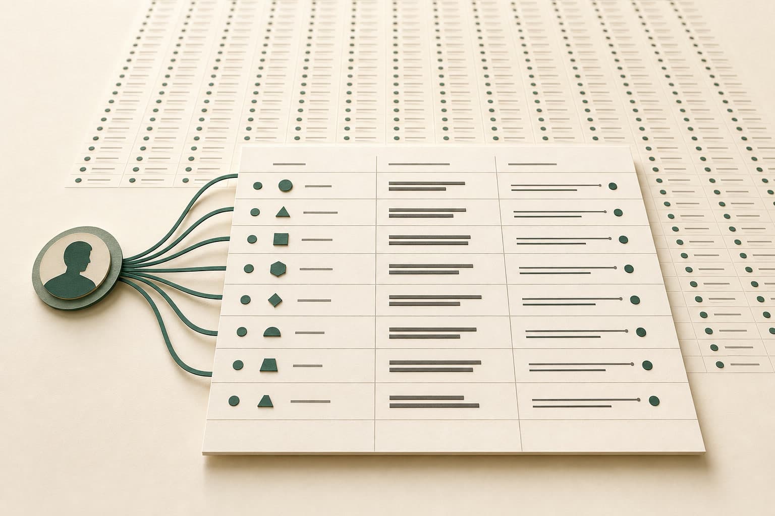 A paper-relief workbook with three columns and many rows, with one person connected to several company records to show that an owner can appear more than once.