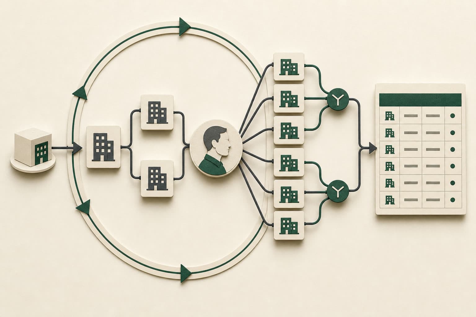 A paper-relief ownership network showing a seed company, intermediate company owners, one natural person, several active businesses, a merge gate and a structured export.
