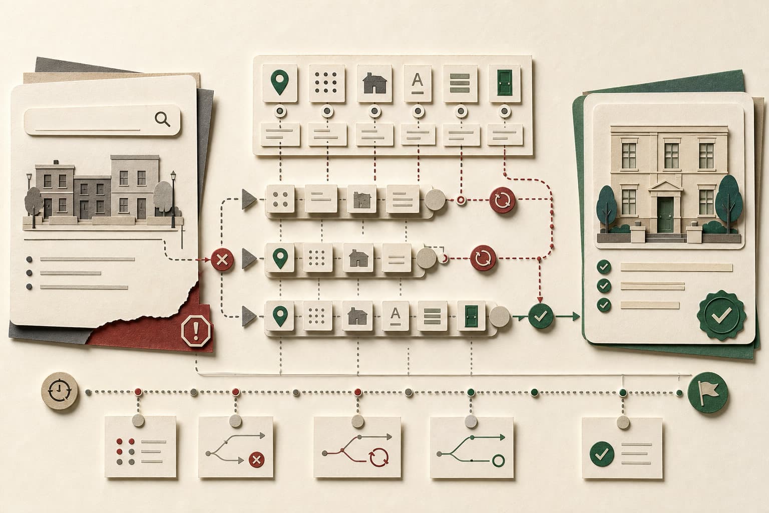 A paper-relief diagnostic workflow where a failing broad address search is split into precise address parts, retries and checkpoints before reaching a validated record.