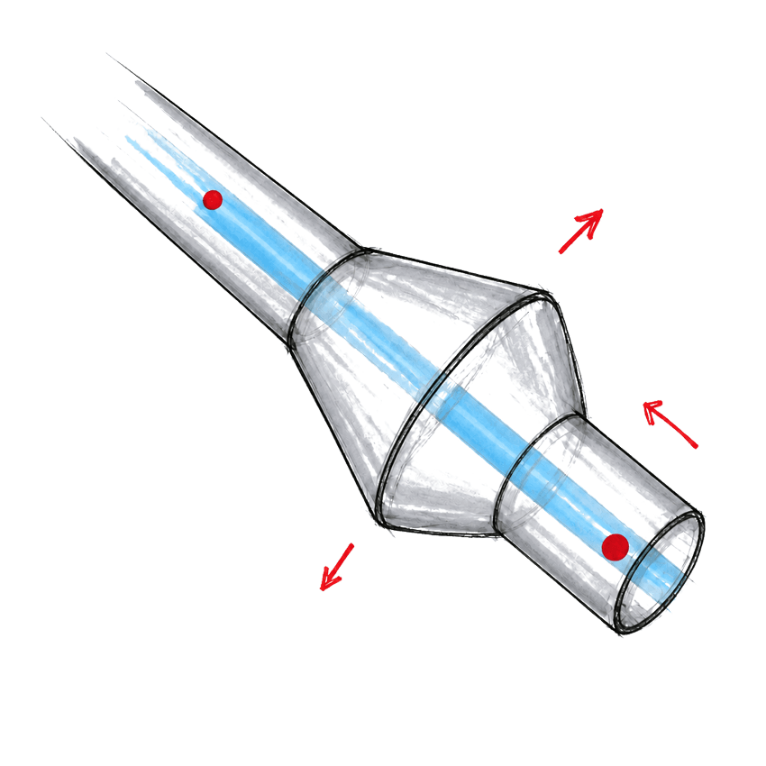 Technical marker sketch of the Cone catheter concept with a transparent expanding sleeve around the central tube.