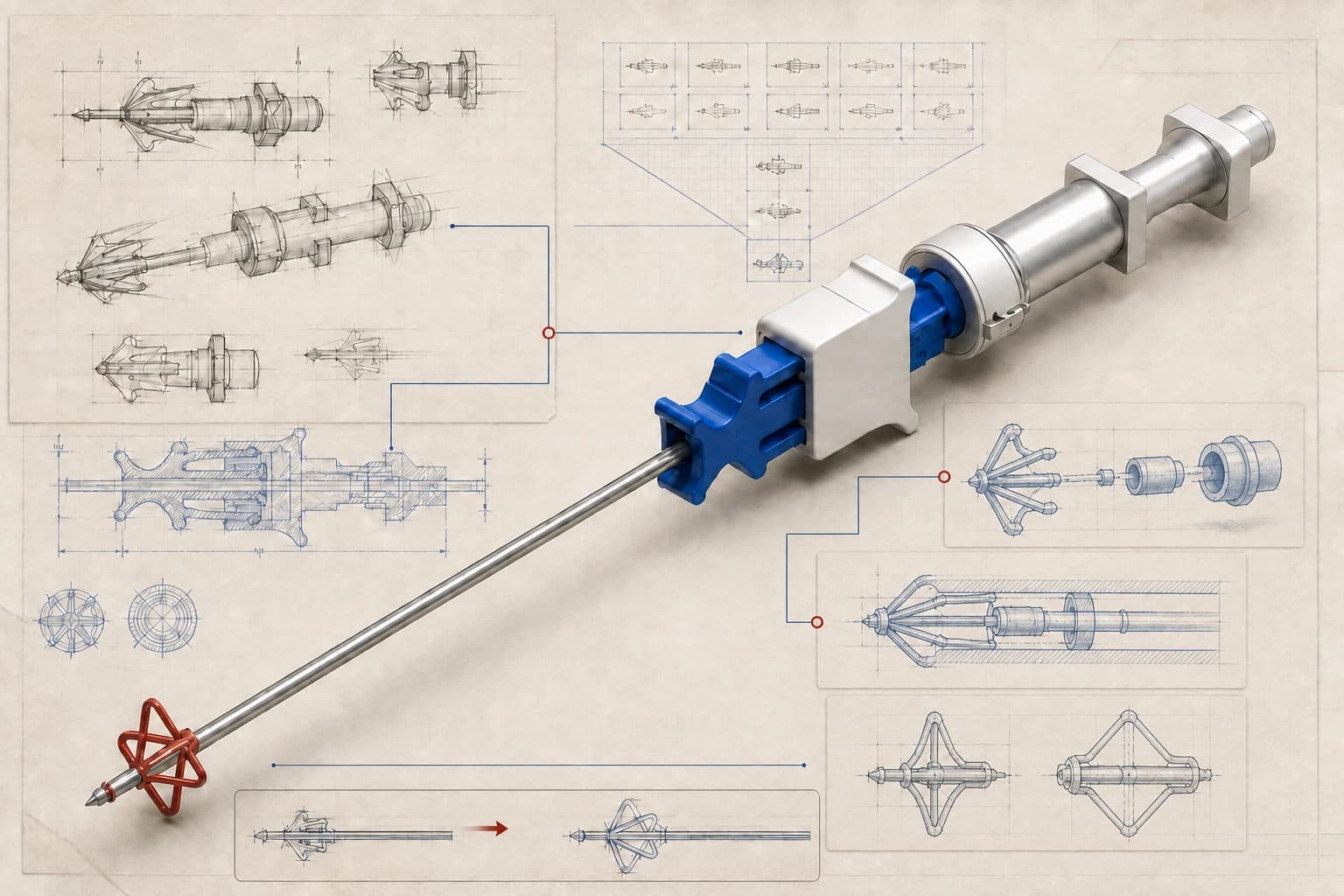 Catheter-anchor concepts, a blue-and-white prototype, and technical sketches showing exploded, cross-sectional and alternative anchor geometries.