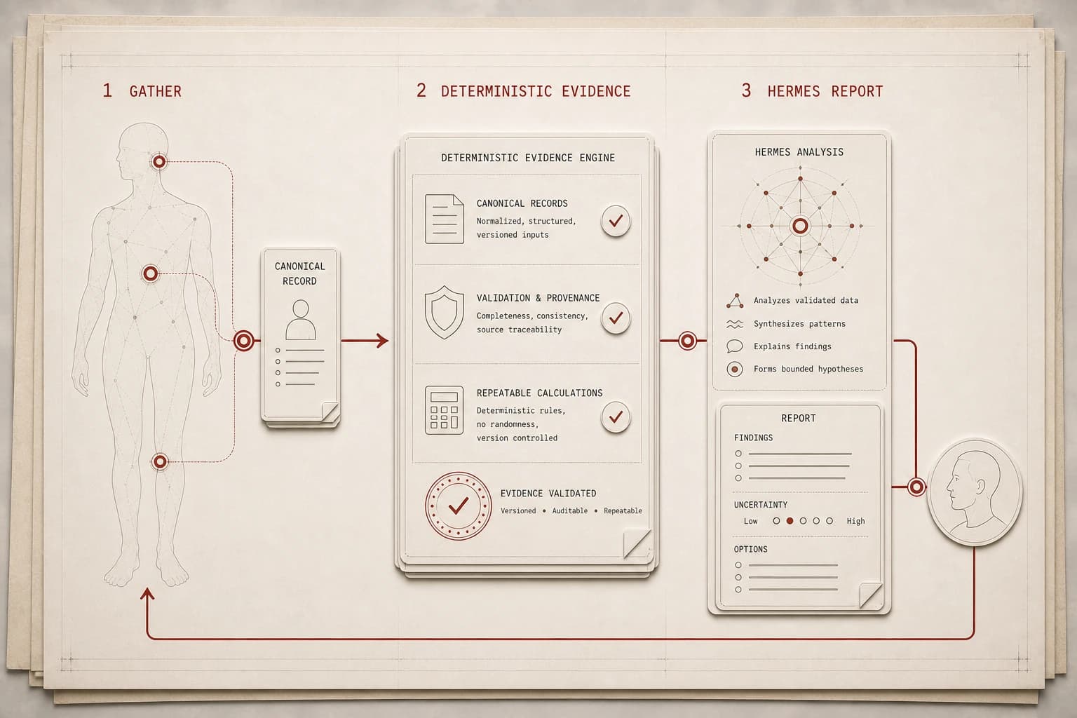 A three-stage paper diagram showing health-data gathering, deterministic evidence validation, and a bounded Hermes analysis report.