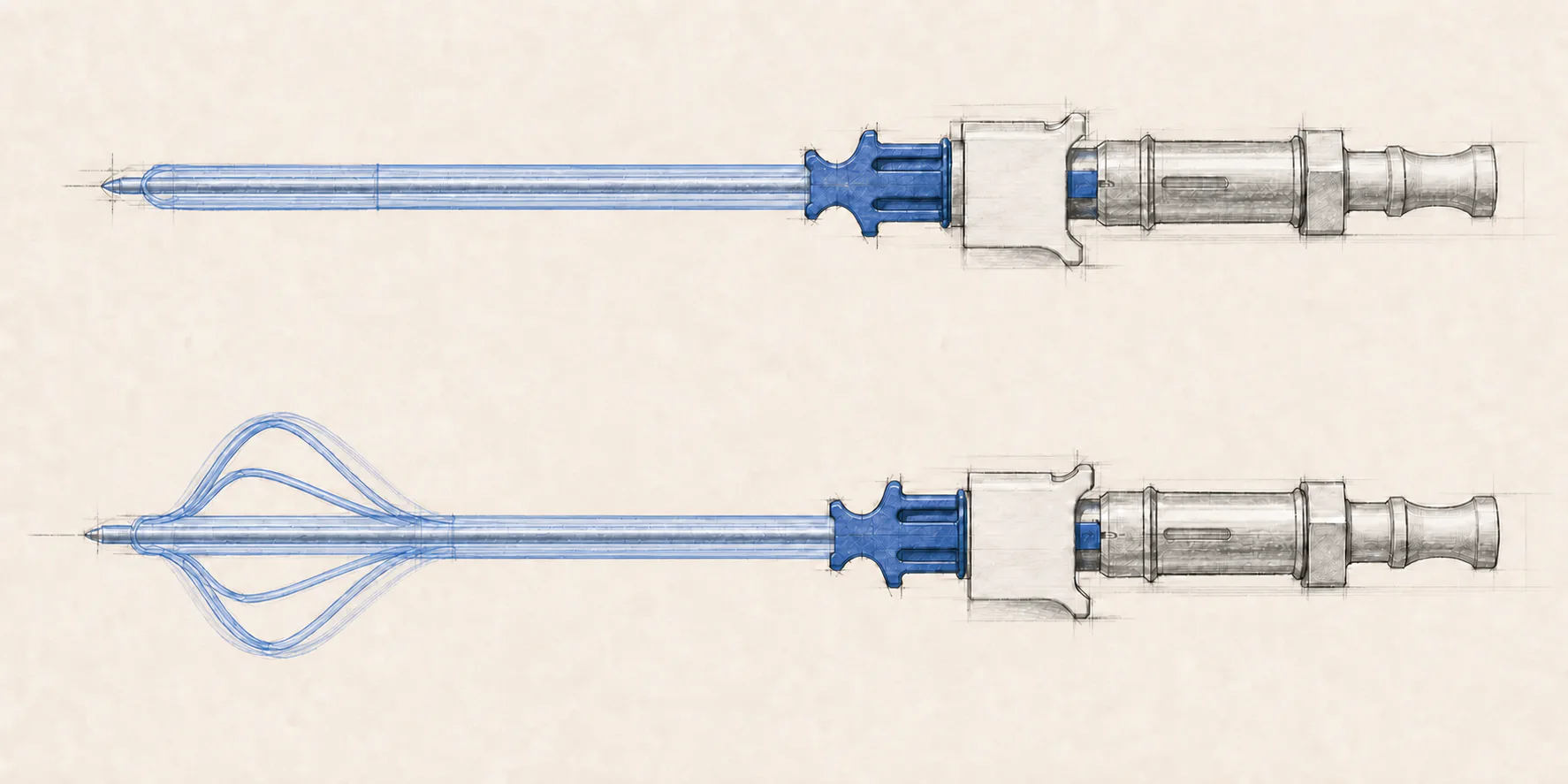 Wide technical sketch showing one continuous transparent catheter tube whose four longitudinal slits stay collapsed in the deactivated state and bow outward in the activated state.