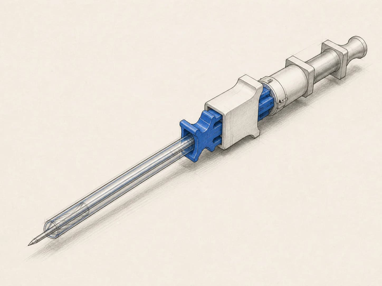 Technical sketch of the final catheter-on-the-needle assembly with blue clip, locking adapter and needle handle.