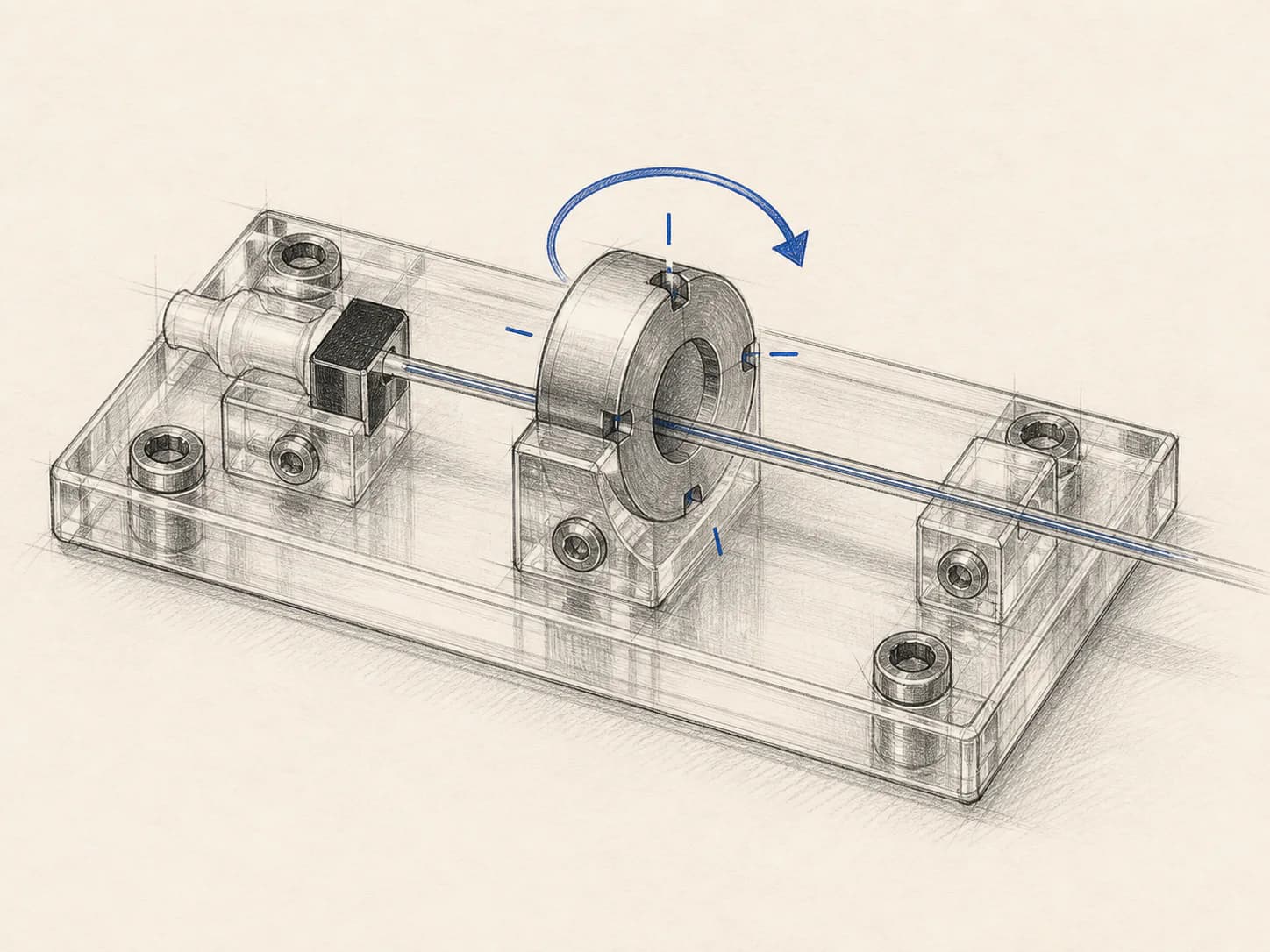 Technical sketch of a clear indexing fixture holding a catheter tube in a collar with four quarter-turn detents.