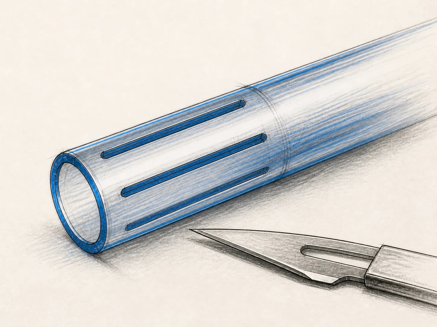 Close technical sketch of a catheter tube with four evenly spaced longitudinal slits and a scalpel beside it.