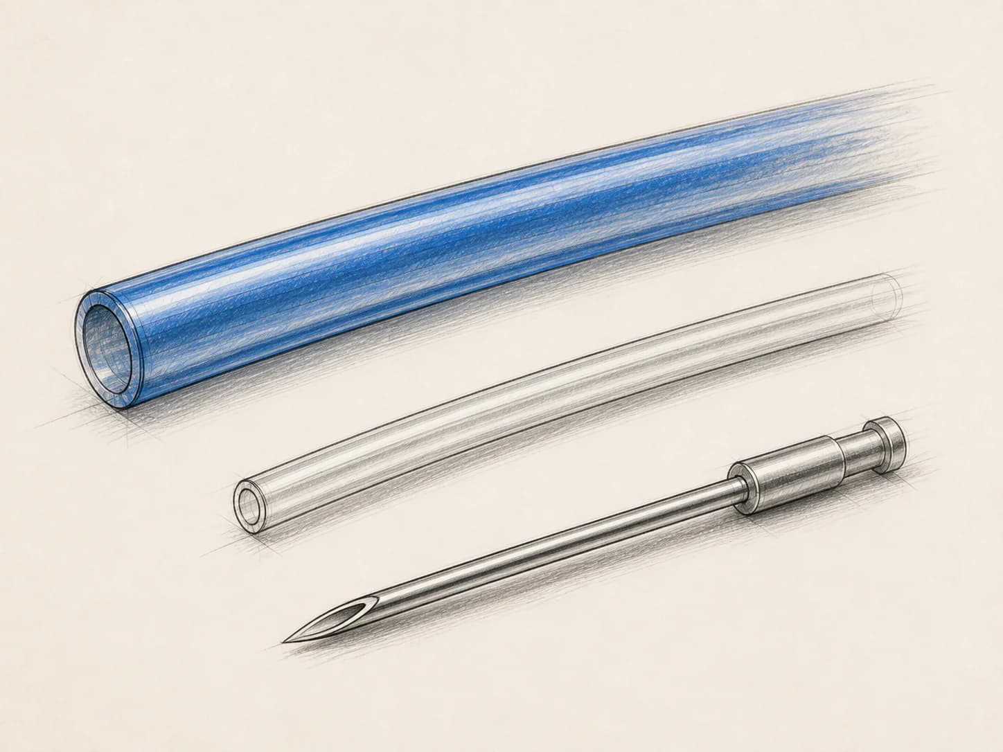 Technical sketch comparing a large blue tube, a smaller clear catheter tube and a slender needle to show the move toward catheter scale.