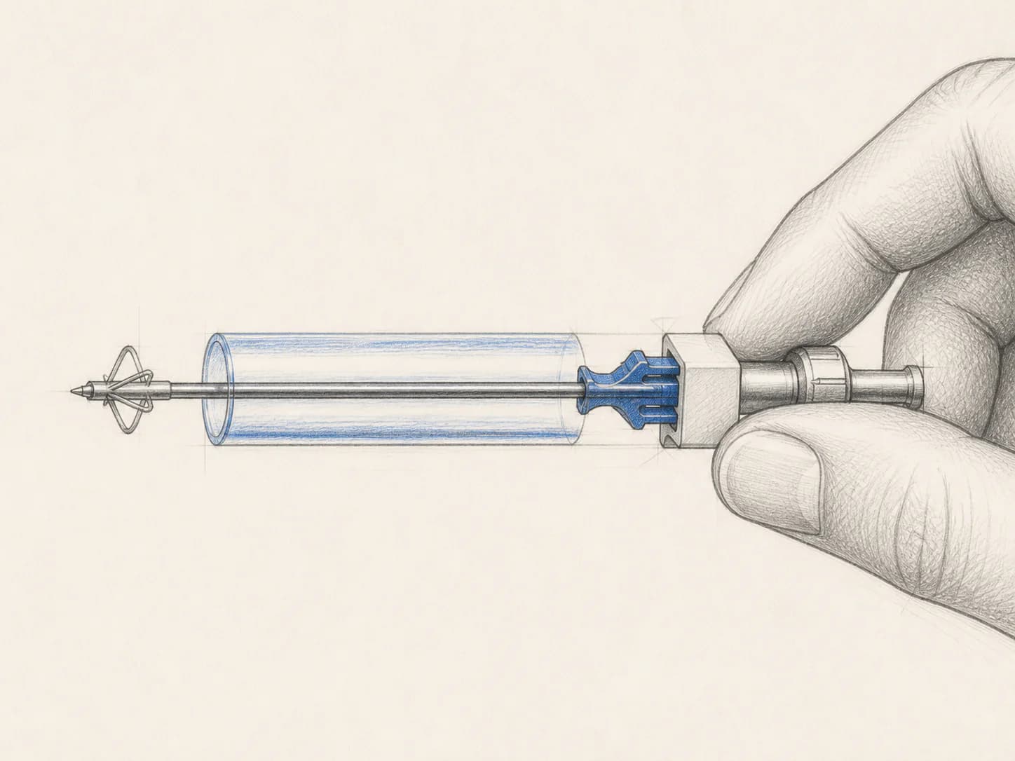 Technical sketch of a hand holding the needle hub while the needle runs through and supports the clear catheter tube.