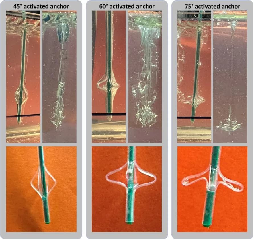 Project test composition showing catheter anchor states used during gelatin pull measurements.