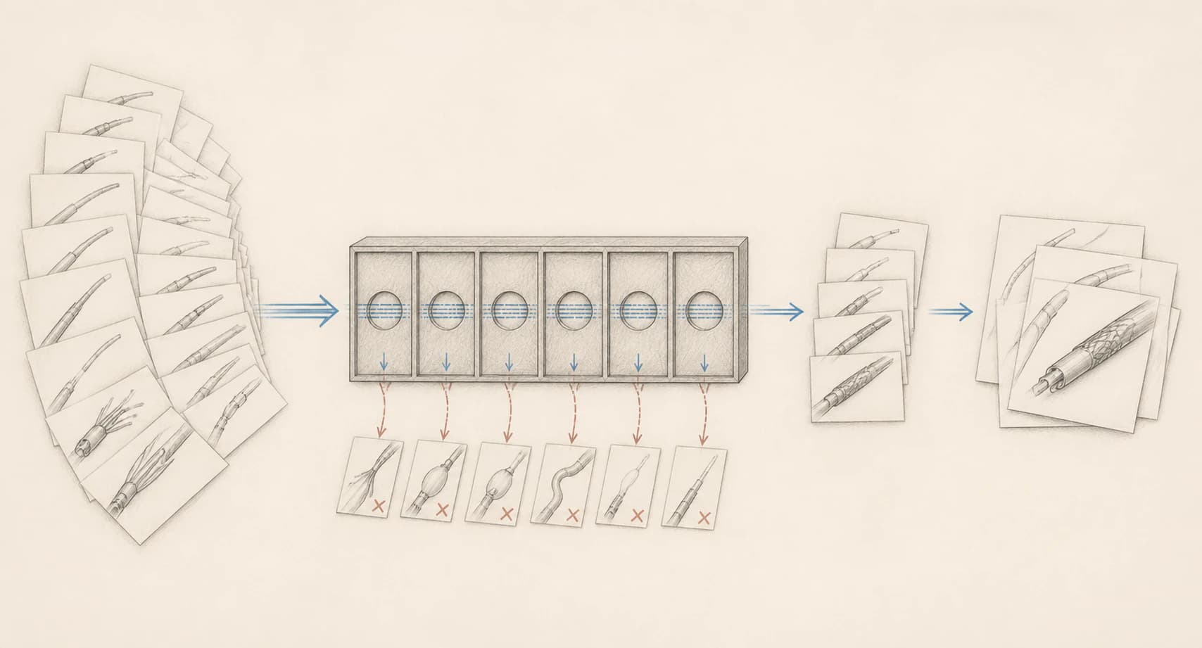 Illustrative concept-screening process: a broad set of catheter concept sheets enters six repeated engineering checks, rejected sheets drop away, and fewer surviving concepts are combined into a smaller developed set.