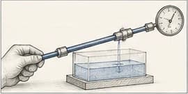 Technical illustration of a handheld Newton-meter pull above a shallow gelatin specimen.