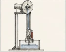 Technical illustration of the motorized vertical pull-test rig above a deeper specimen holder.