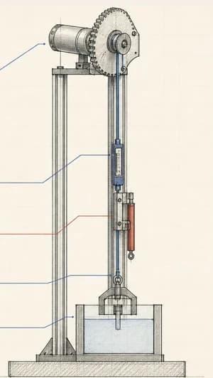 Technical illustration of the V2 vertical test rig, geared motor, Newton meter, pulley line and specimen holder.