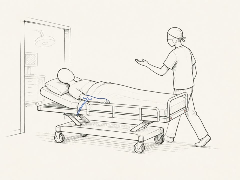 Patient arriving in the procedure room with a clinician.