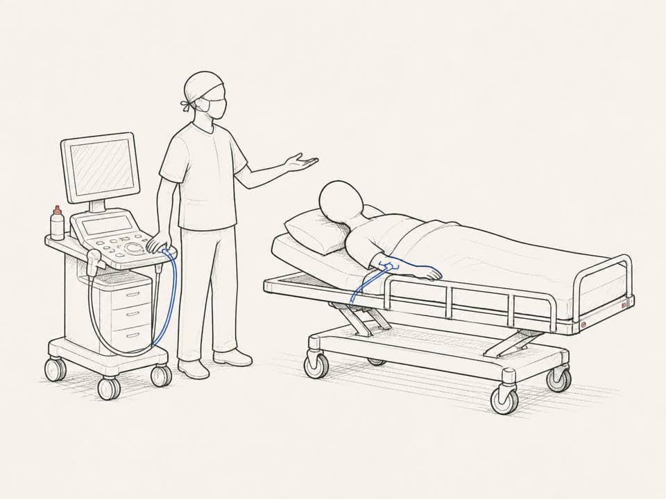 Ultrasound equipment being prepared beside the patient.