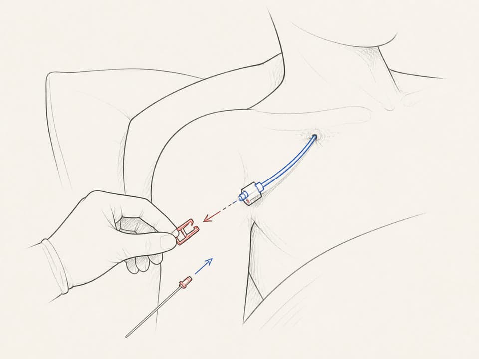 Needle and outer catheter being inserted at the target site.