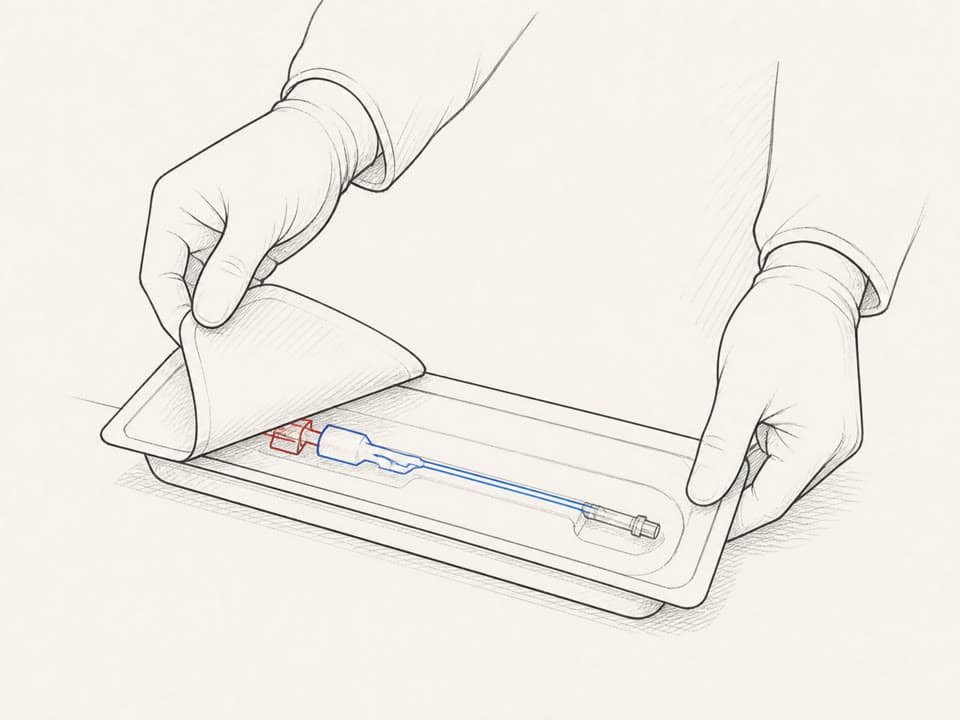 Flower catheter being unpacked from a sterile tray.