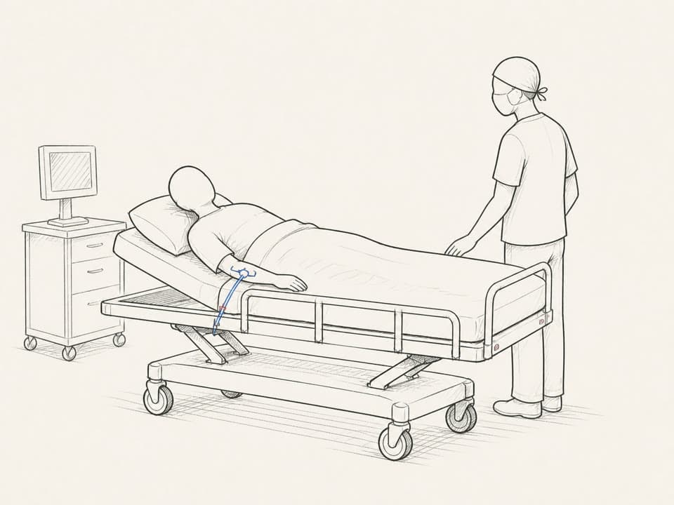 Patient being observed by a clinician after catheter placement.