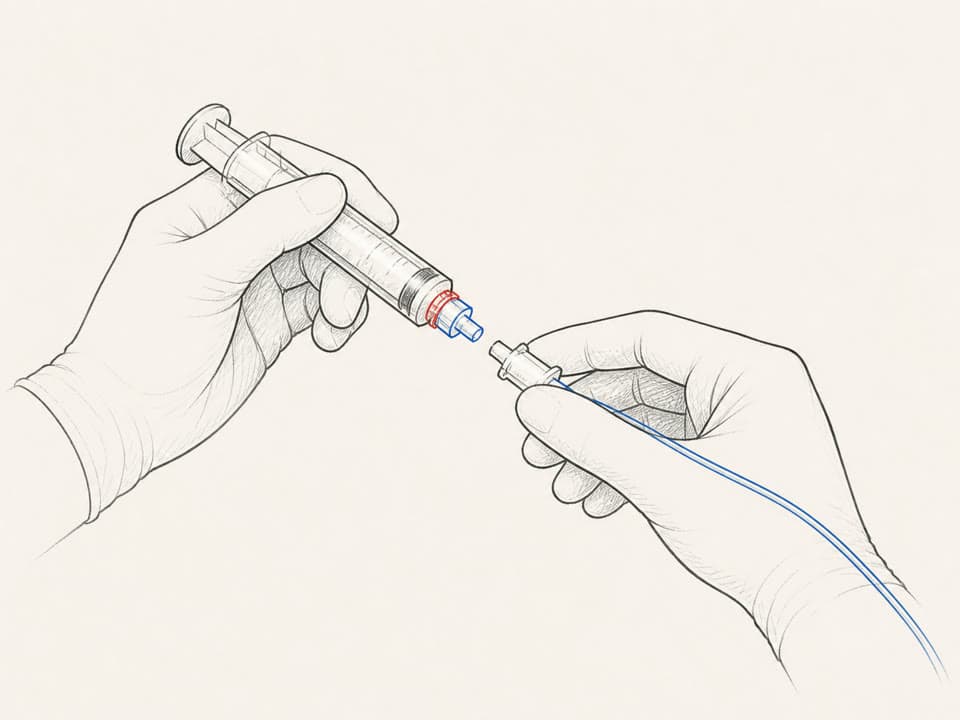 Syringe being connected to the catheter backend.