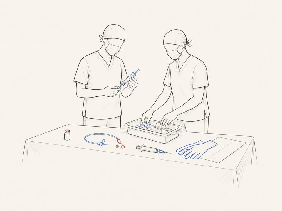 Clinicians preparing anaesthetic equipment on a sterile table.