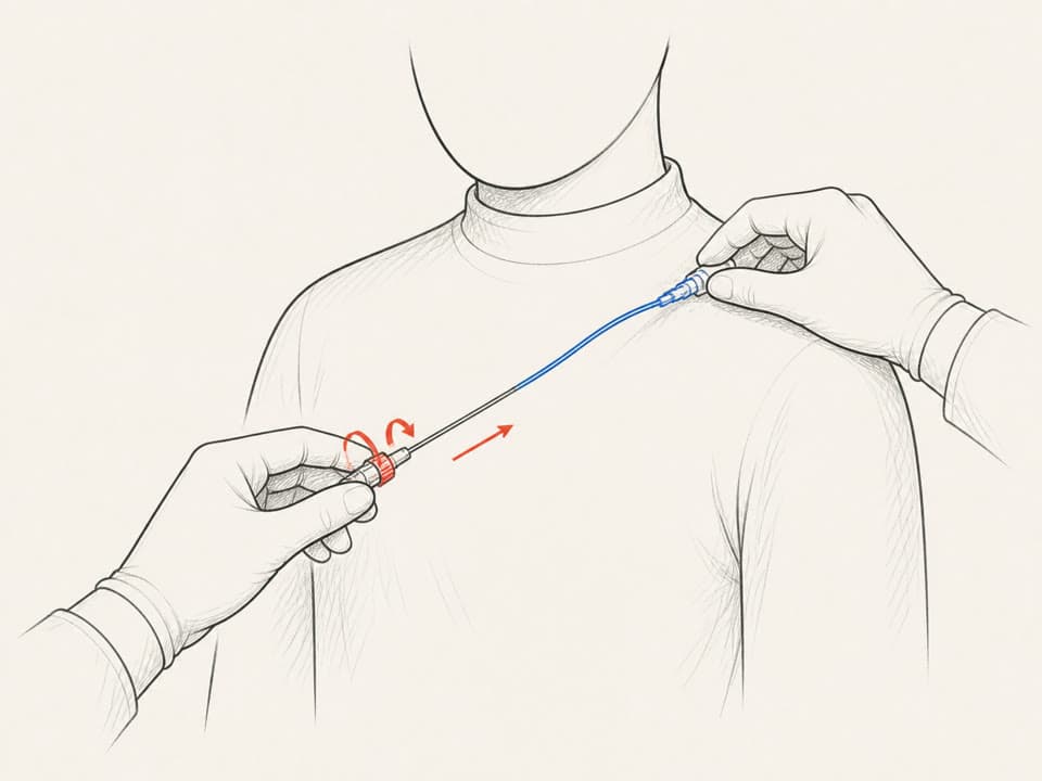 Needle being withdrawn while the catheter remains in place.